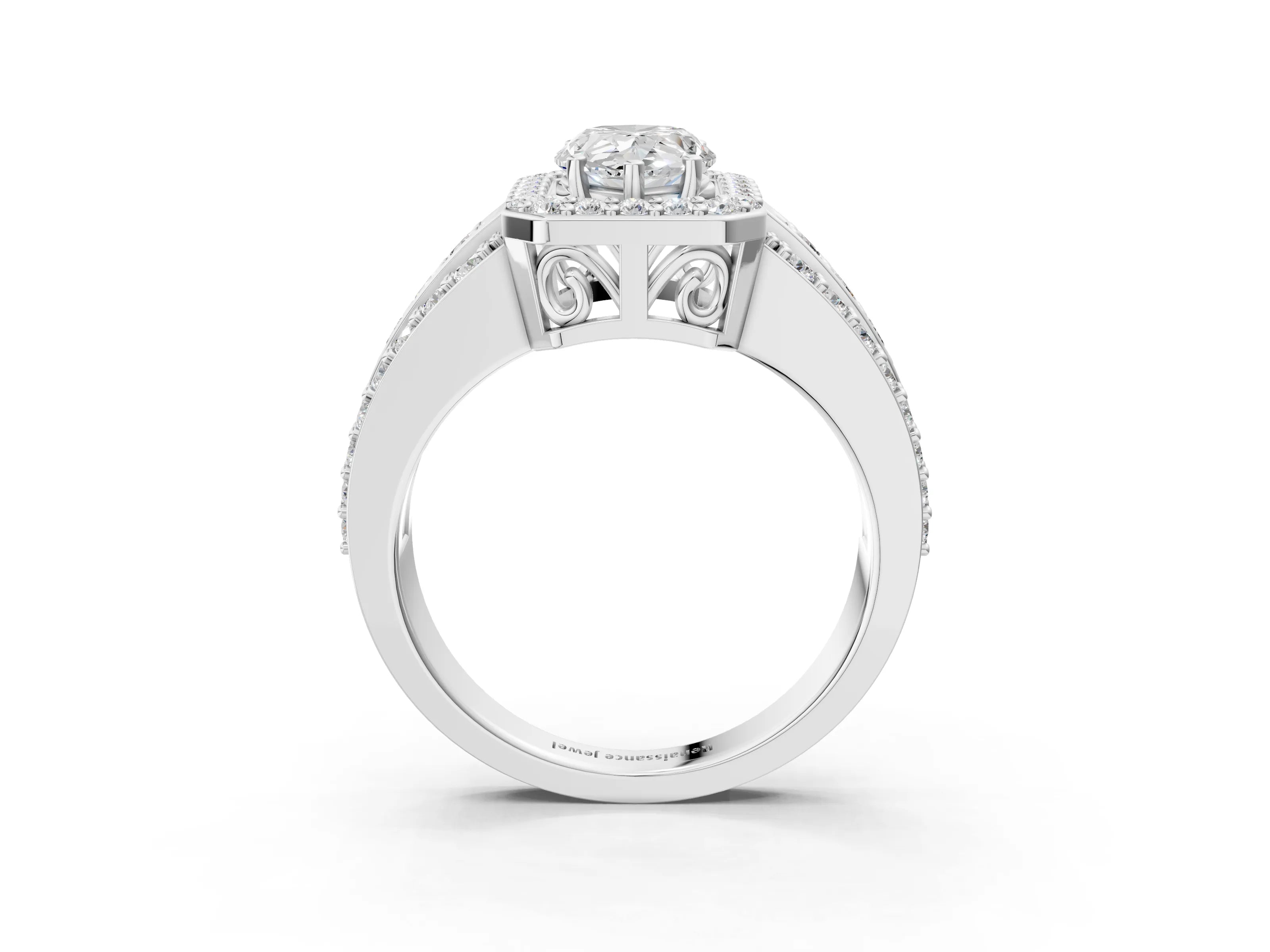White gold Pear Cut Halo Diamond Ring with Round with Moissanite side stone Split Shank and Prong Setting_27