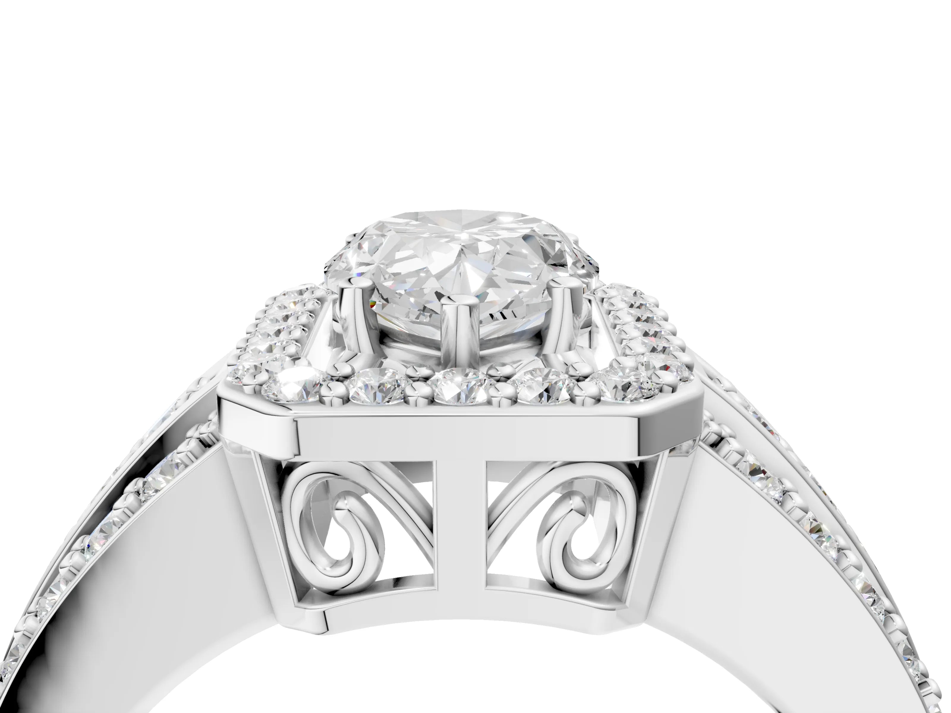 White gold Pear Cut Halo Diamond Ring with Round with Moissanite side stone Split Shank and Prong Setting_28