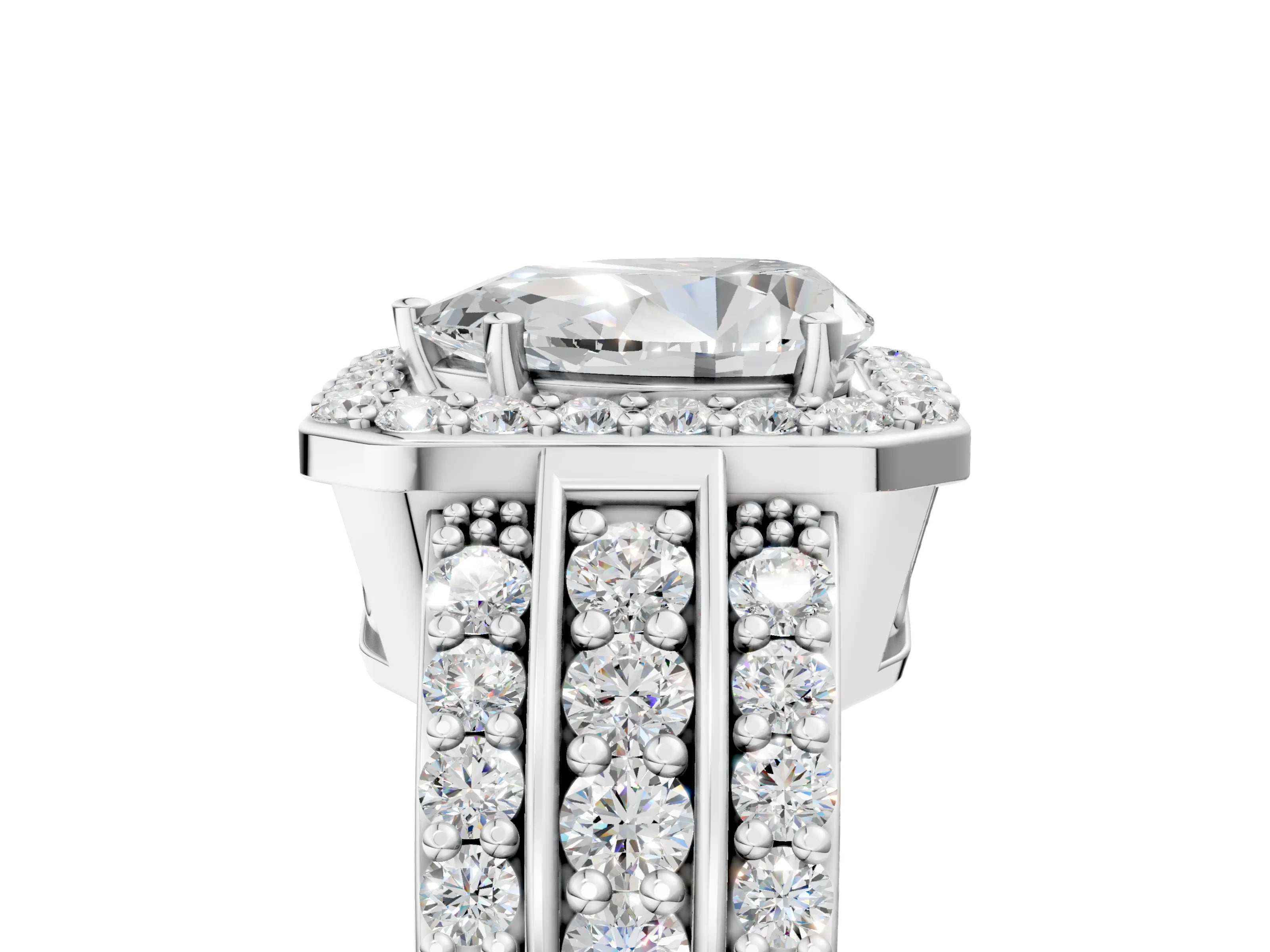 White gold Pear Cut Halo Diamond Ring with Round with Moissanite side stone Split Shank and Prong Setting_53