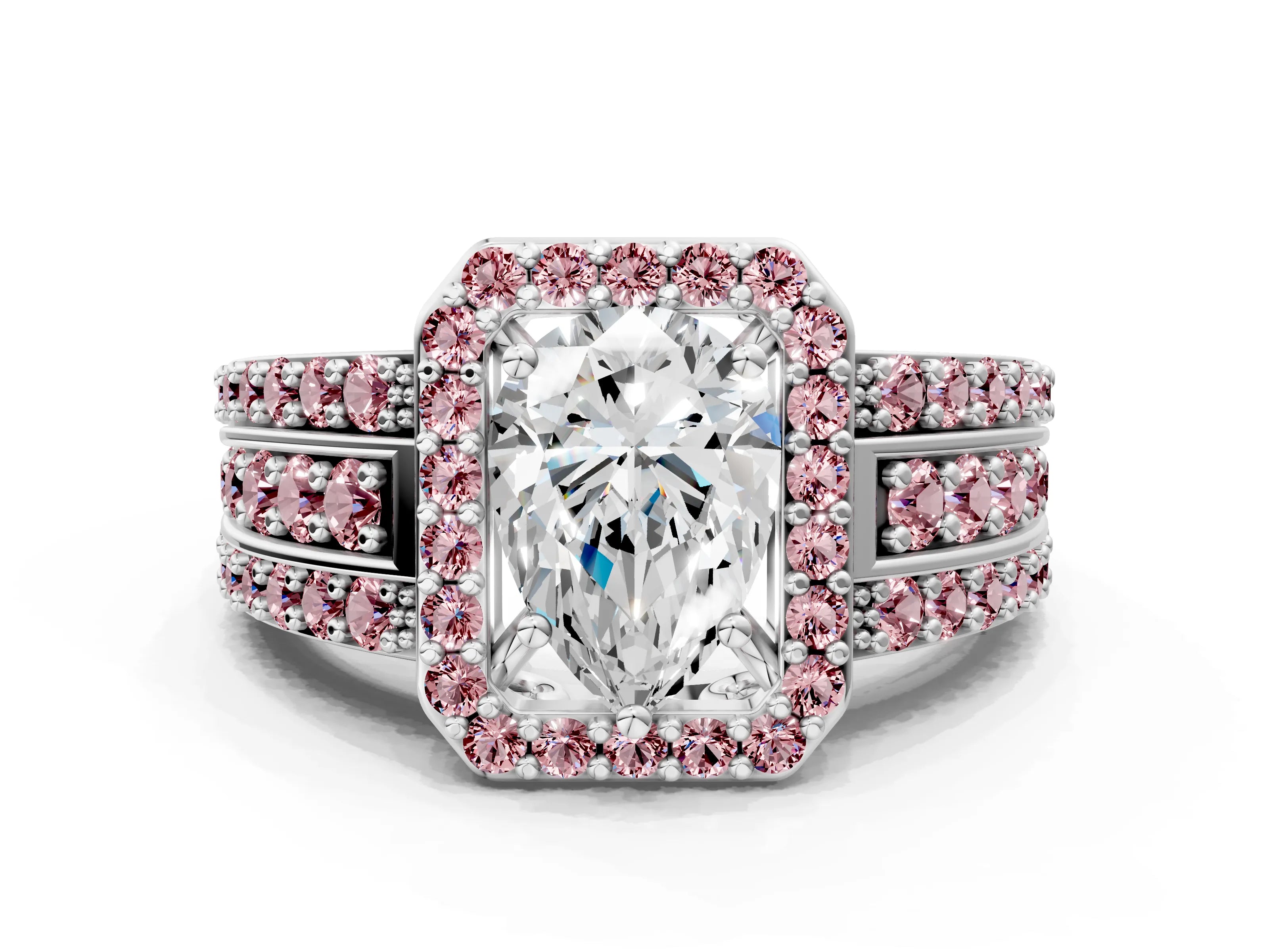 White gold Pear Cut Halo Diamond Ring with Round with Morganite side stone Split Shank and Prong Setting_24