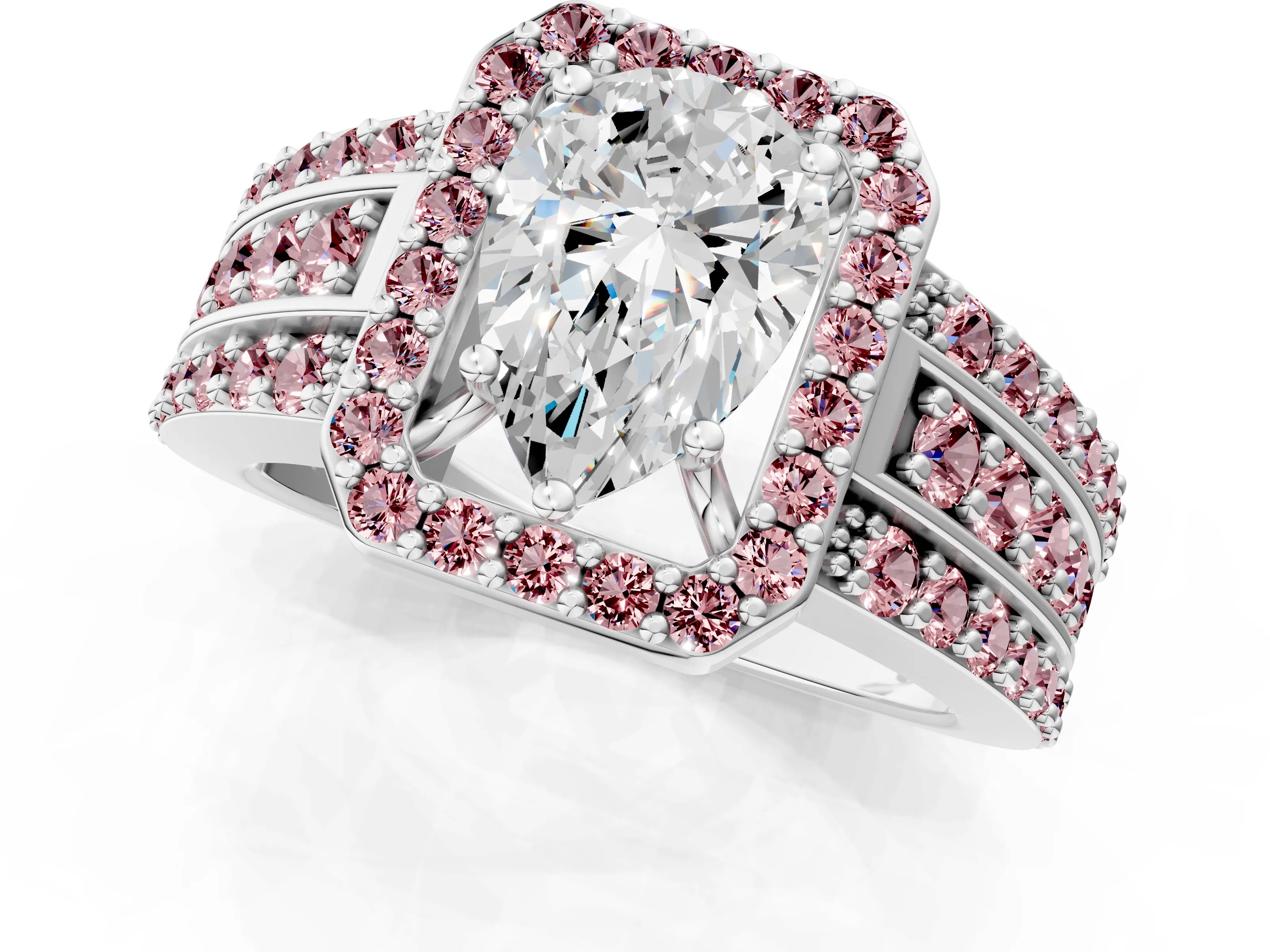 White gold Pear Cut Halo Diamond Ring with Round with Morganite side stone Split Shank and Prong Setting_25