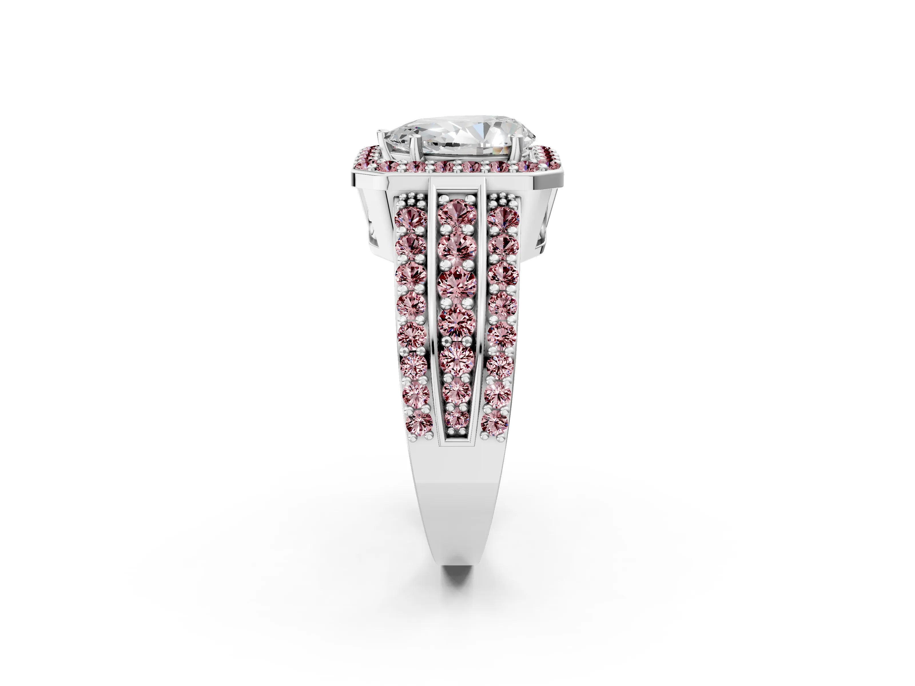 White gold Pear Cut Halo Diamond Ring with Round with Morganite side stone Split Shank and Prong Setting_26