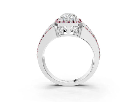 White gold Pear Cut Halo Diamond Ring with Round with Morganite side stone Split Shank and Prong Setting_27