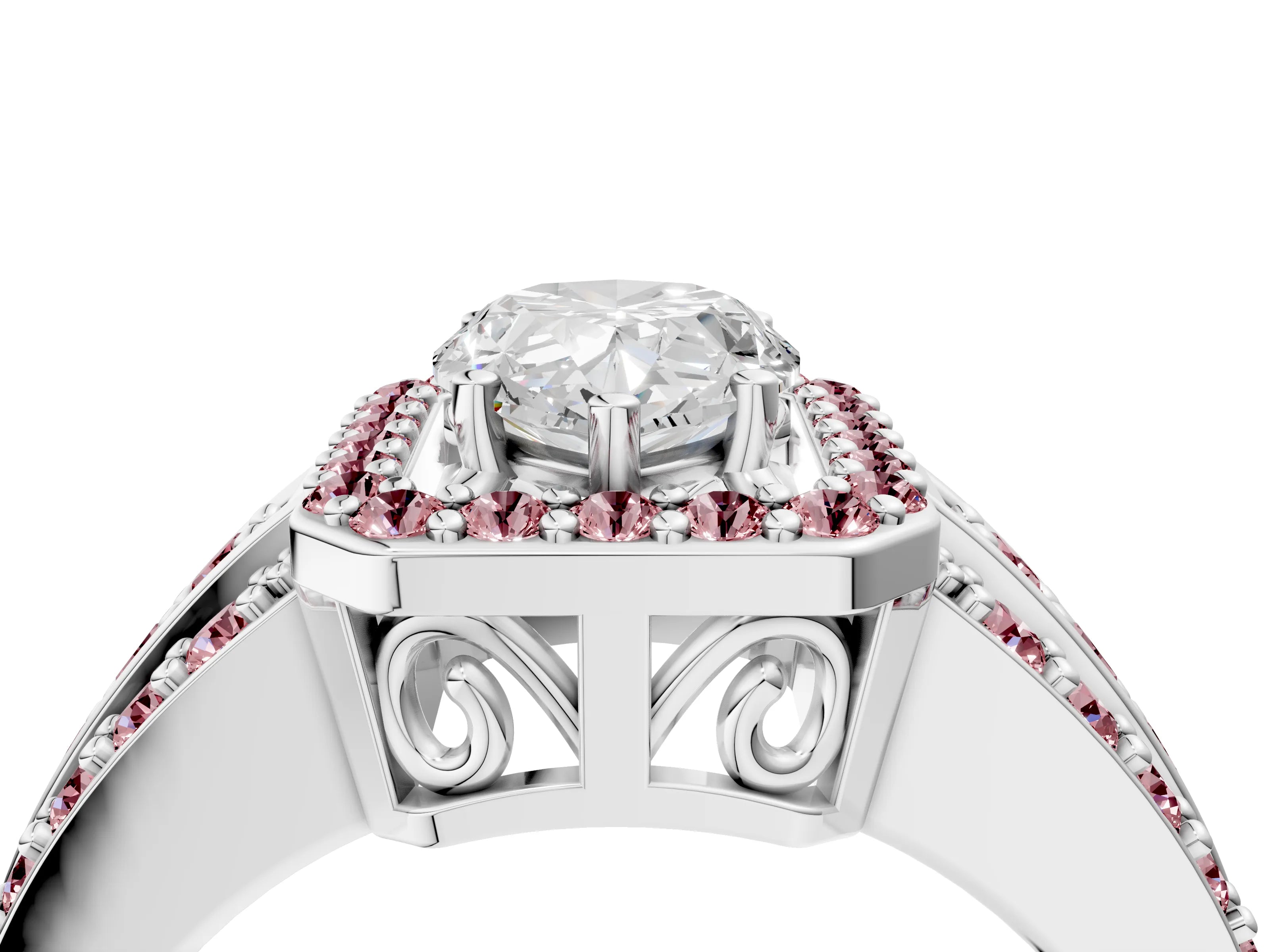 White gold Pear Cut Halo Diamond Ring with Round with Morganite side stone Split Shank and Prong Setting_28