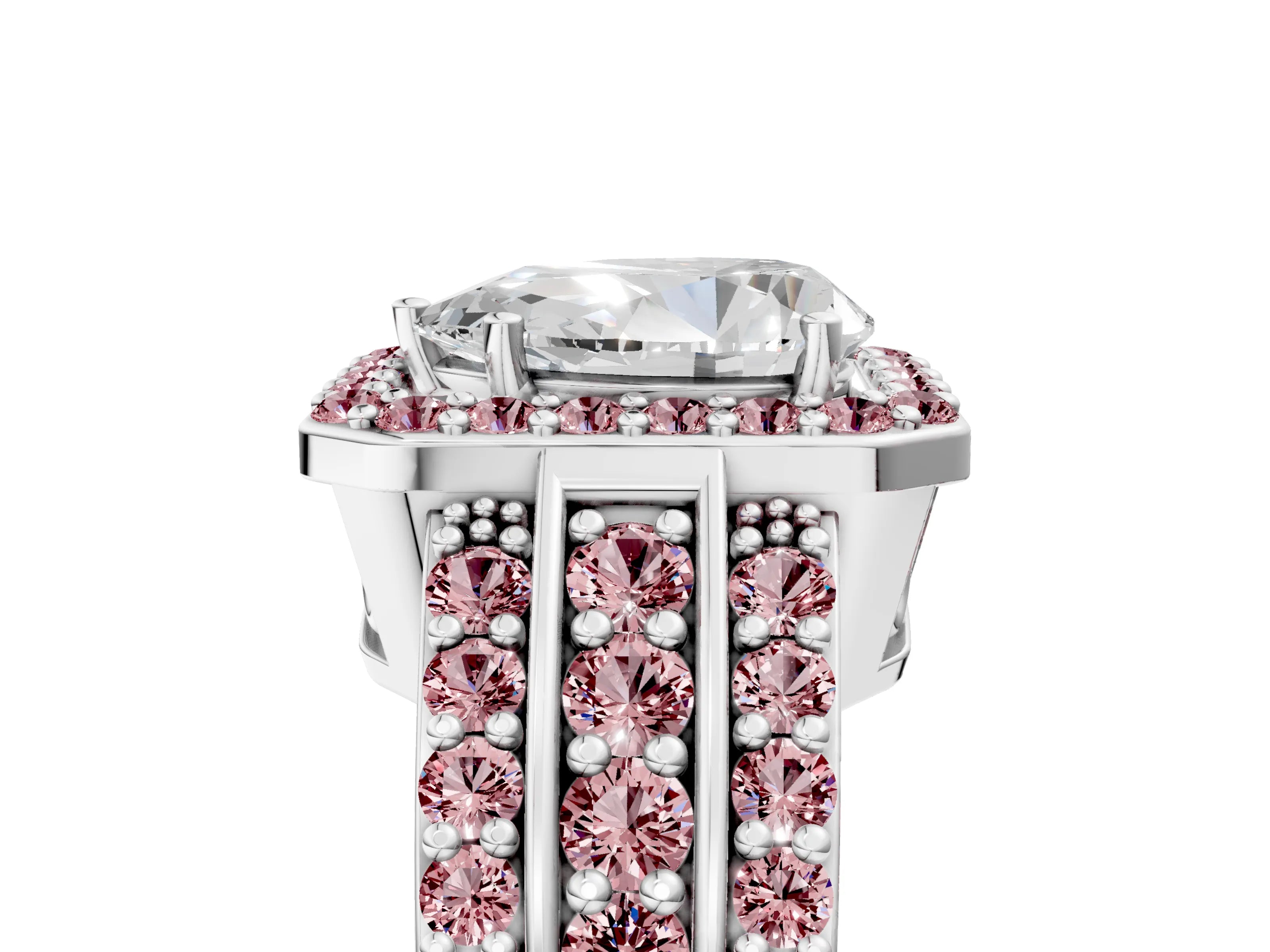 White gold Pear Cut Halo Diamond Ring with Round with Morganite side stone Split Shank and Prong Setting_29