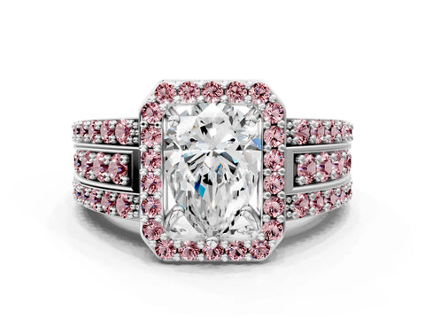 White gold Pear Cut Halo Diamond Ring with Round with Morganite side stone Split Shank and Prong Setting_48