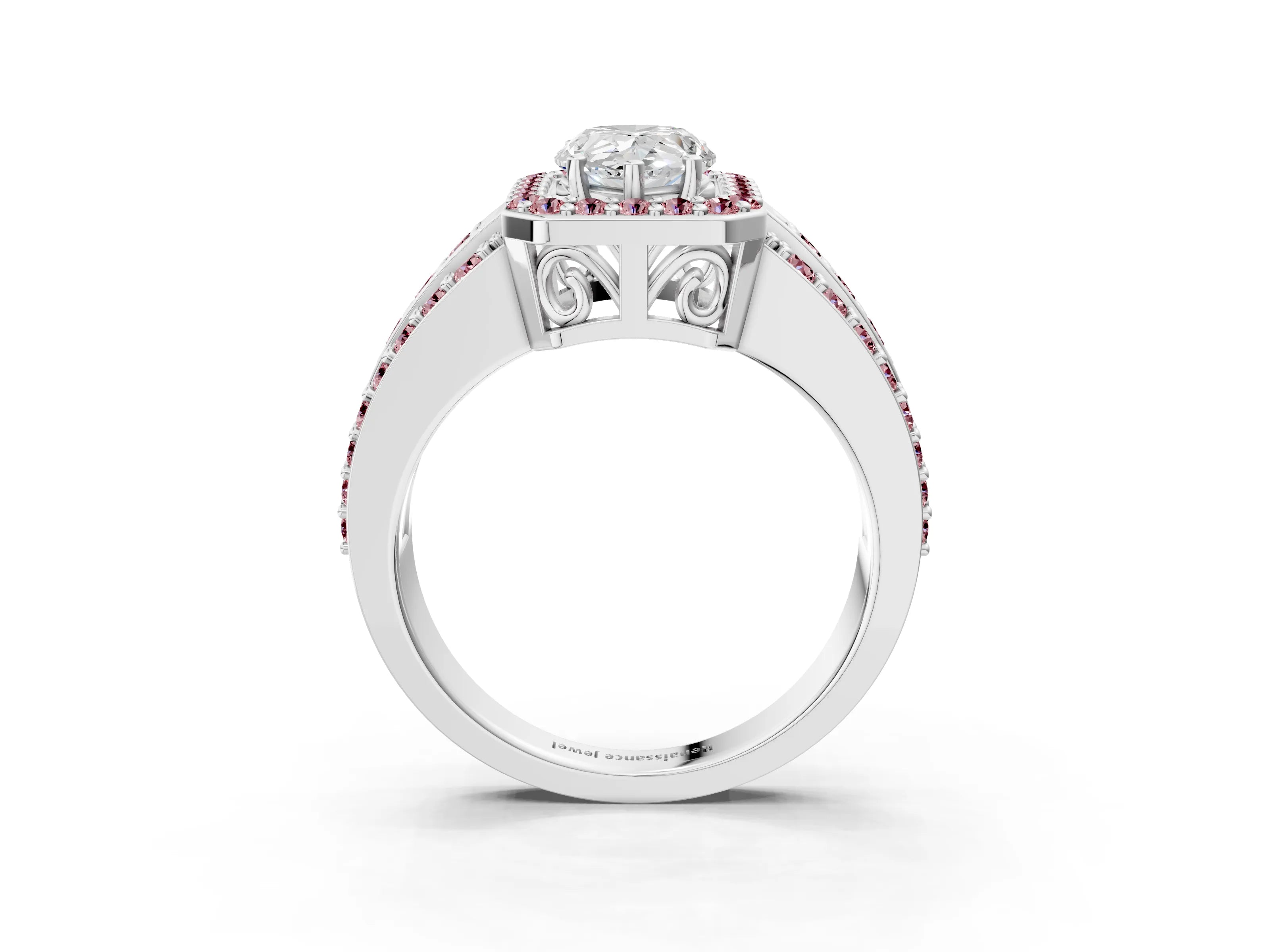 White gold Pear Cut Halo Diamond Ring with Round with Morganite side stone Split Shank and Prong Setting_51