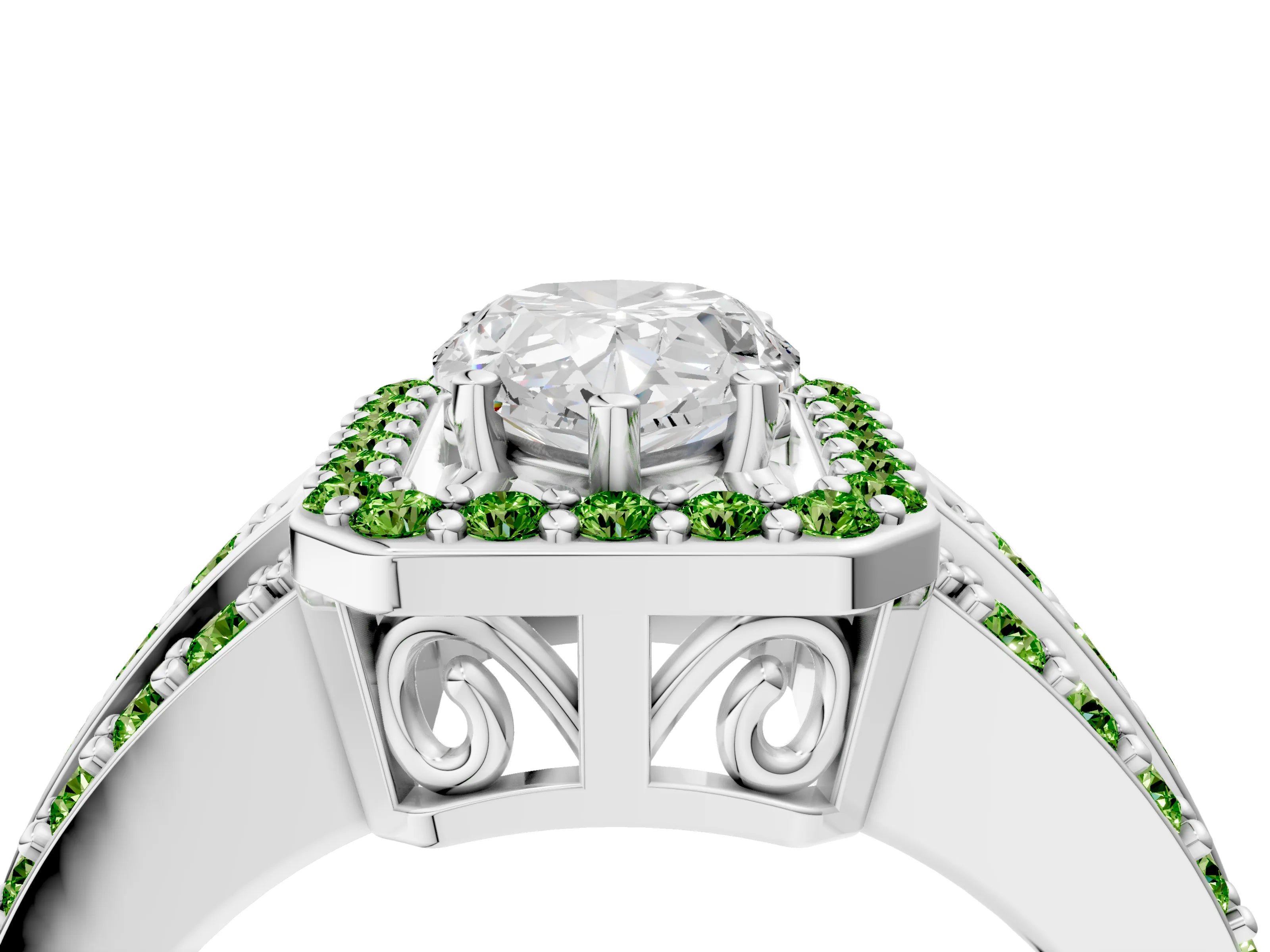 White gold Pear Cut Halo Diamond Ring with Round with Peridot side stone Split Shank and Prong Setting_10