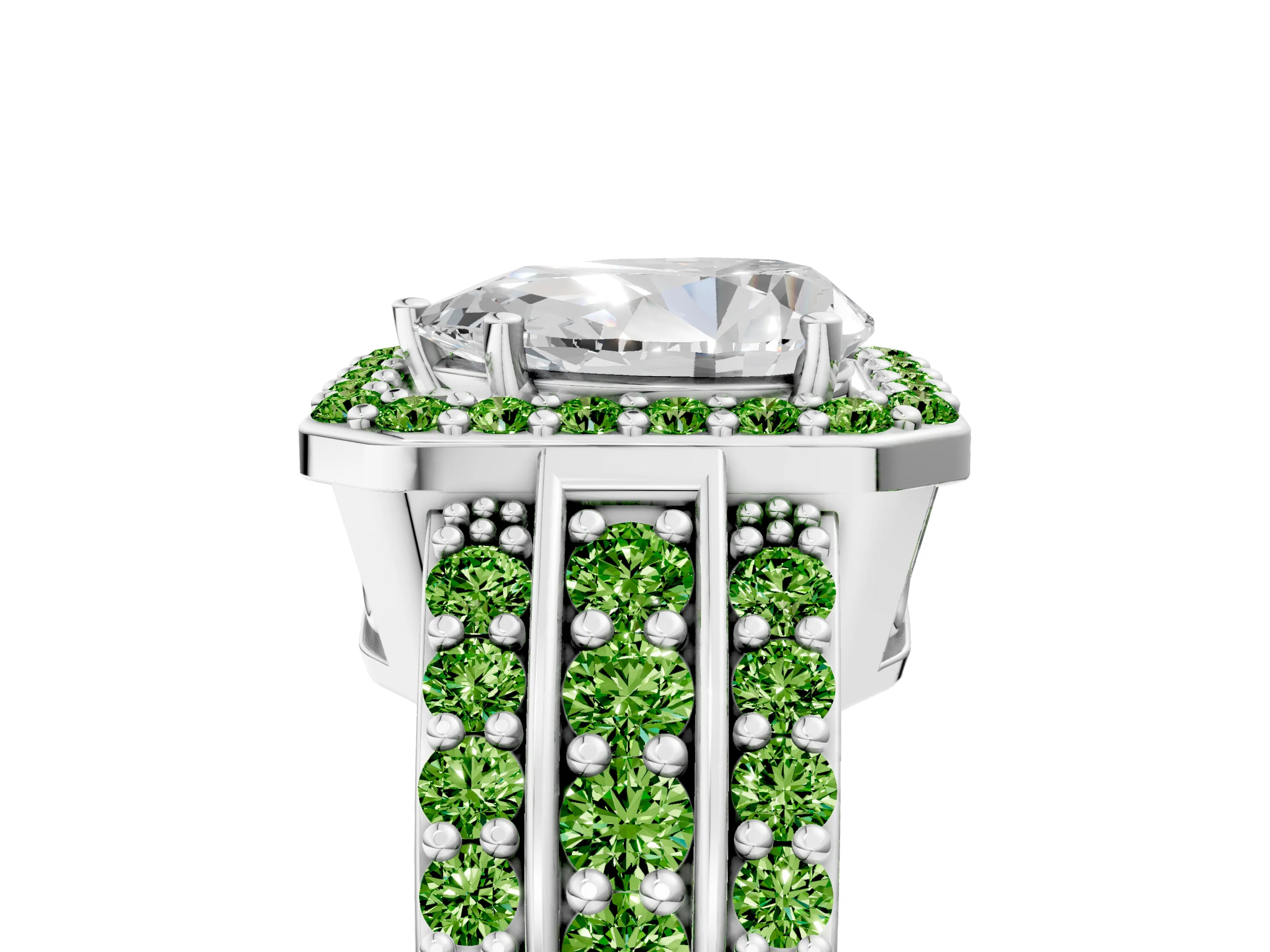 White gold Pear Cut Halo Diamond Ring with Round with Peridot side stone Split Shank and Prong Setting_11