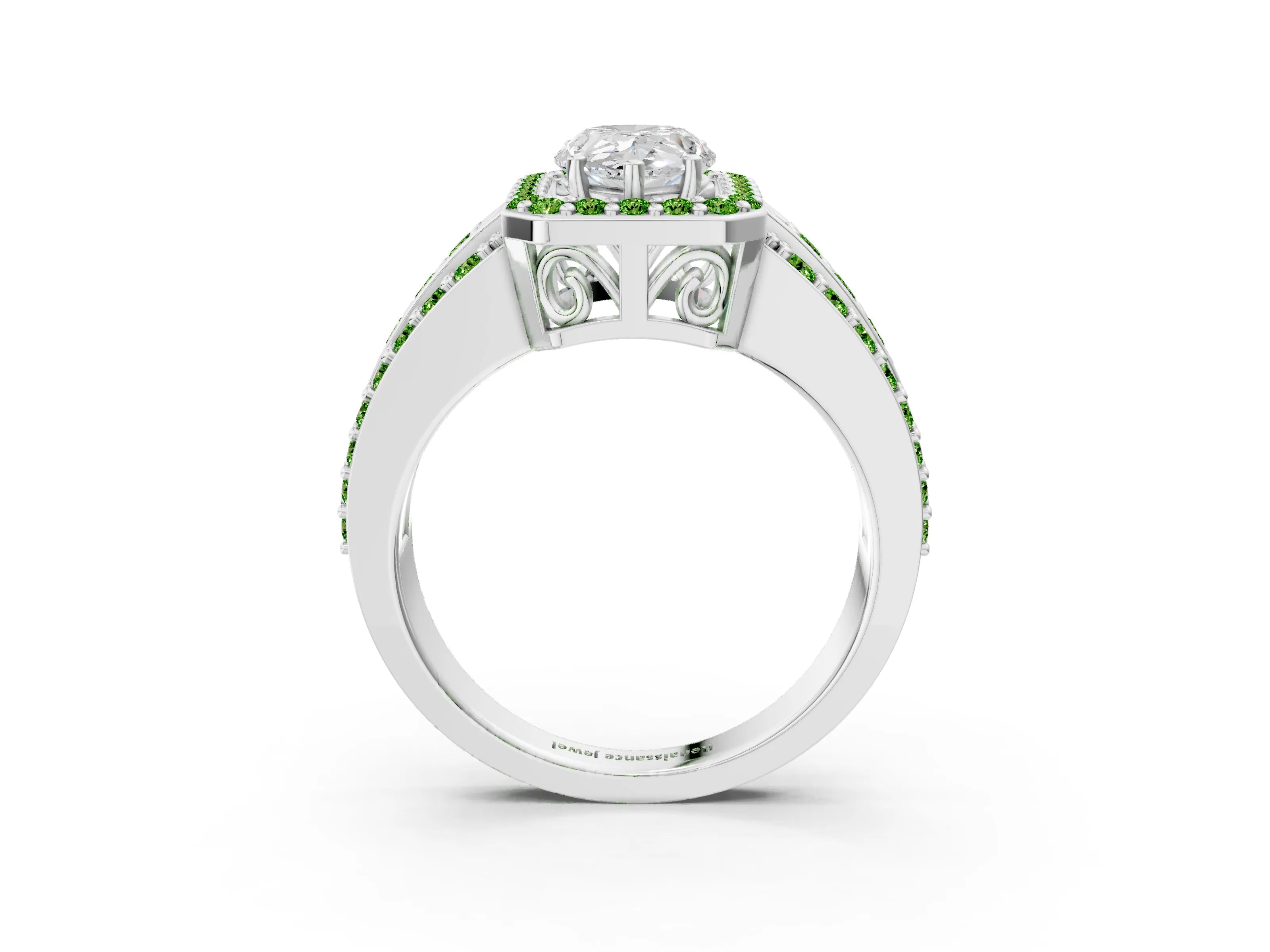 White gold Pear Cut Halo Diamond Ring with Round with Peridot side stone Split Shank and Prong Setting_15