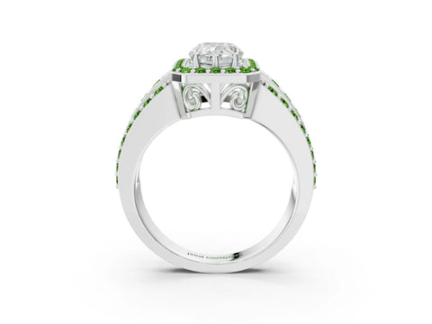 White gold Pear Cut Halo Diamond Ring with Round with Peridot side stone Split Shank and Prong Setting_15