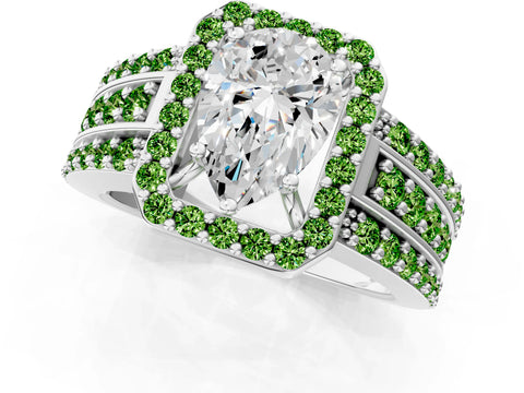 White gold Pear Cut Halo Diamond Ring with Round with Peridot side stone Split Shank and Prong Setting_19