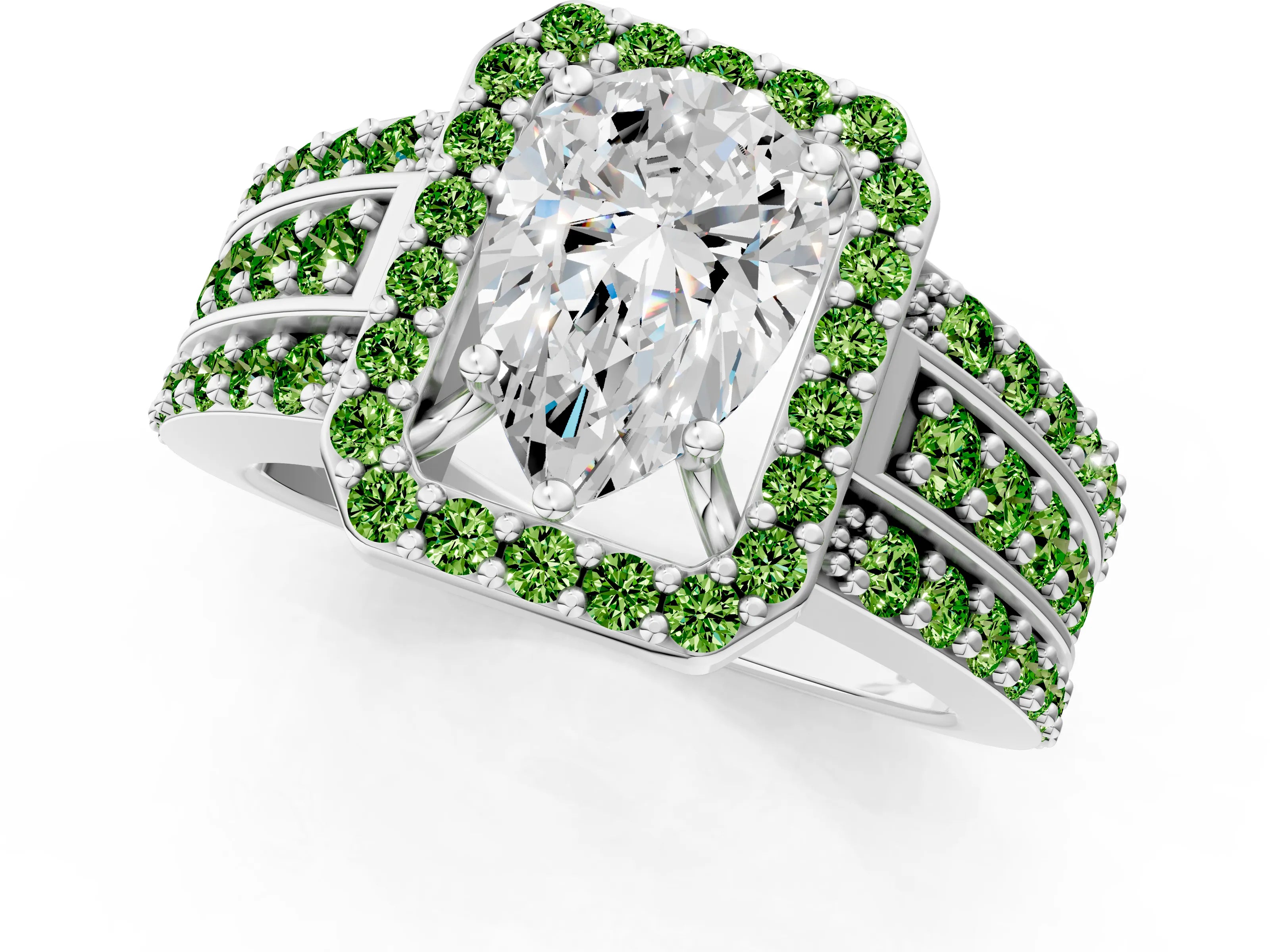 White gold Pear Cut Halo Diamond Ring with Round with Peridot side stone Split Shank and Prong Setting_1