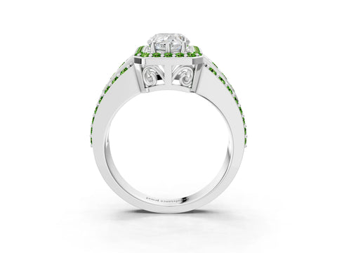 White gold Pear Cut Halo Diamond Ring with Round with Peridot side stone Split Shank and Prong Setting_21