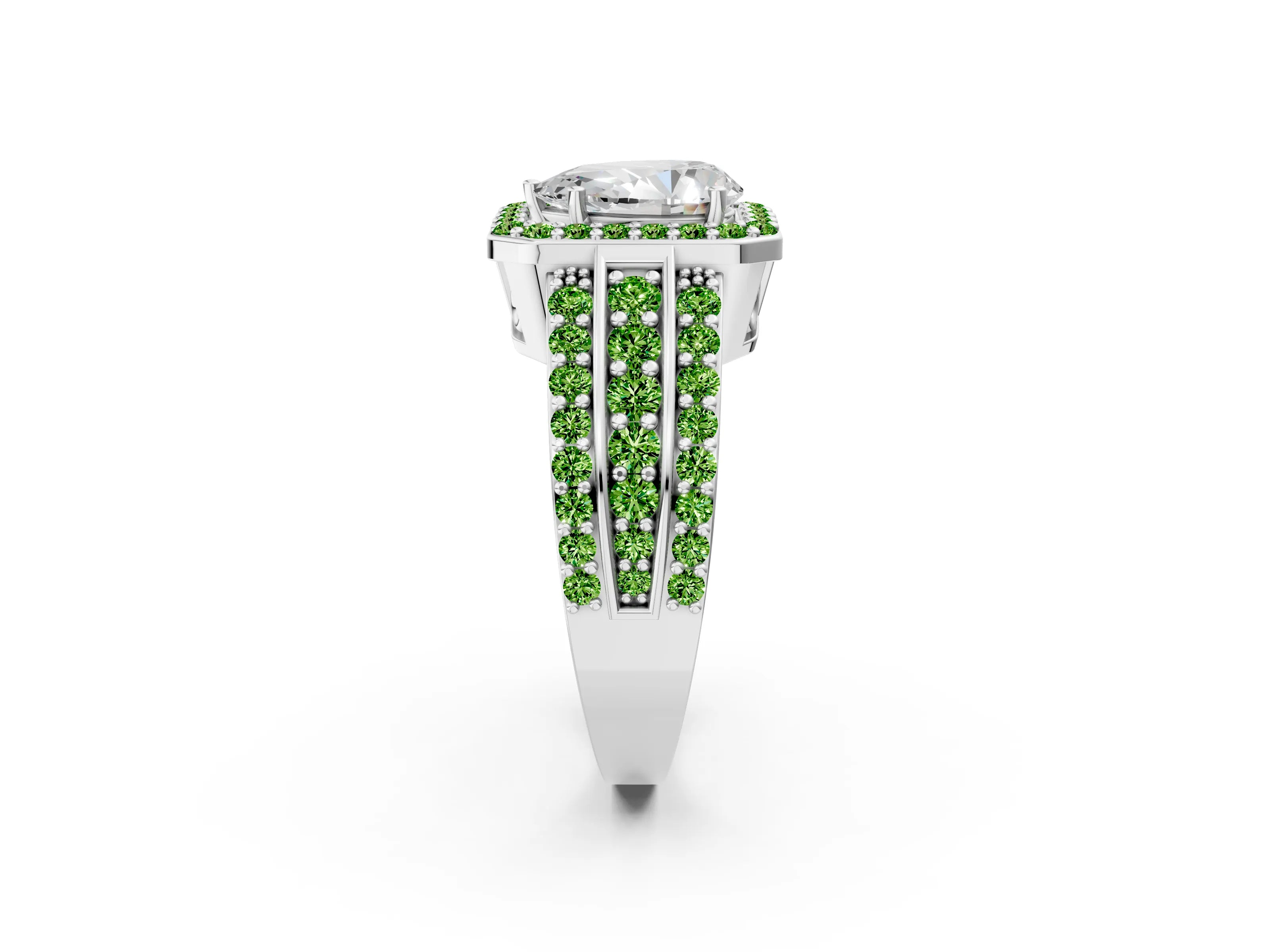 White gold Pear Cut Halo Diamond Ring with Round with Peridot side stone Split Shank and Prong Setting_2
