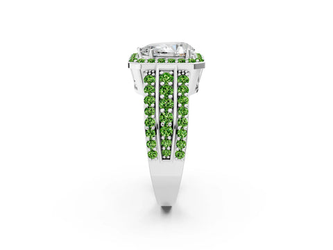 White gold Pear Cut Halo Diamond Ring with Round with Peridot side stone Split Shank and Prong Setting_2