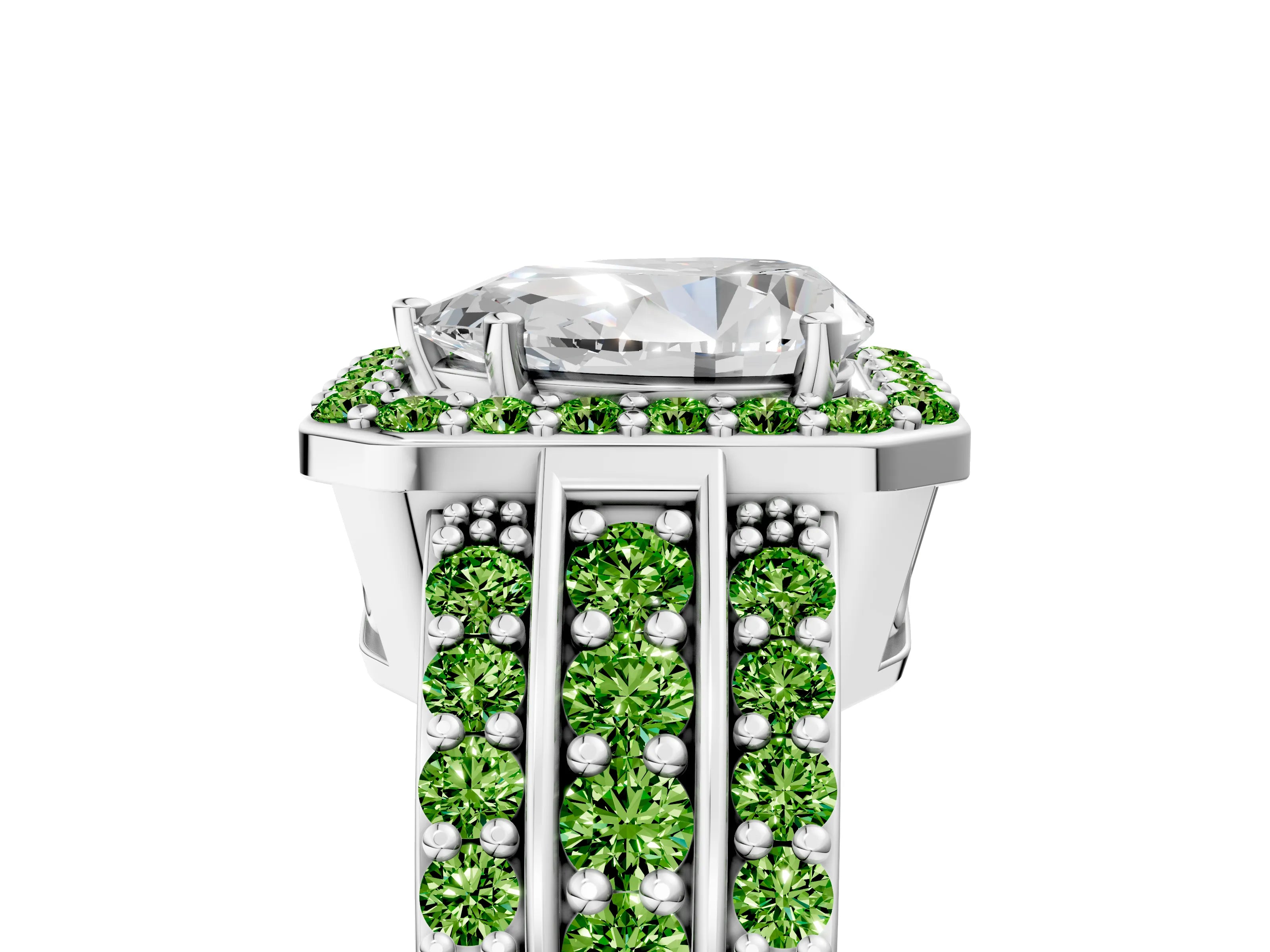 White gold Pear Cut Halo Diamond Ring with Round with Peridot side stone Split Shank and Prong Setting_5