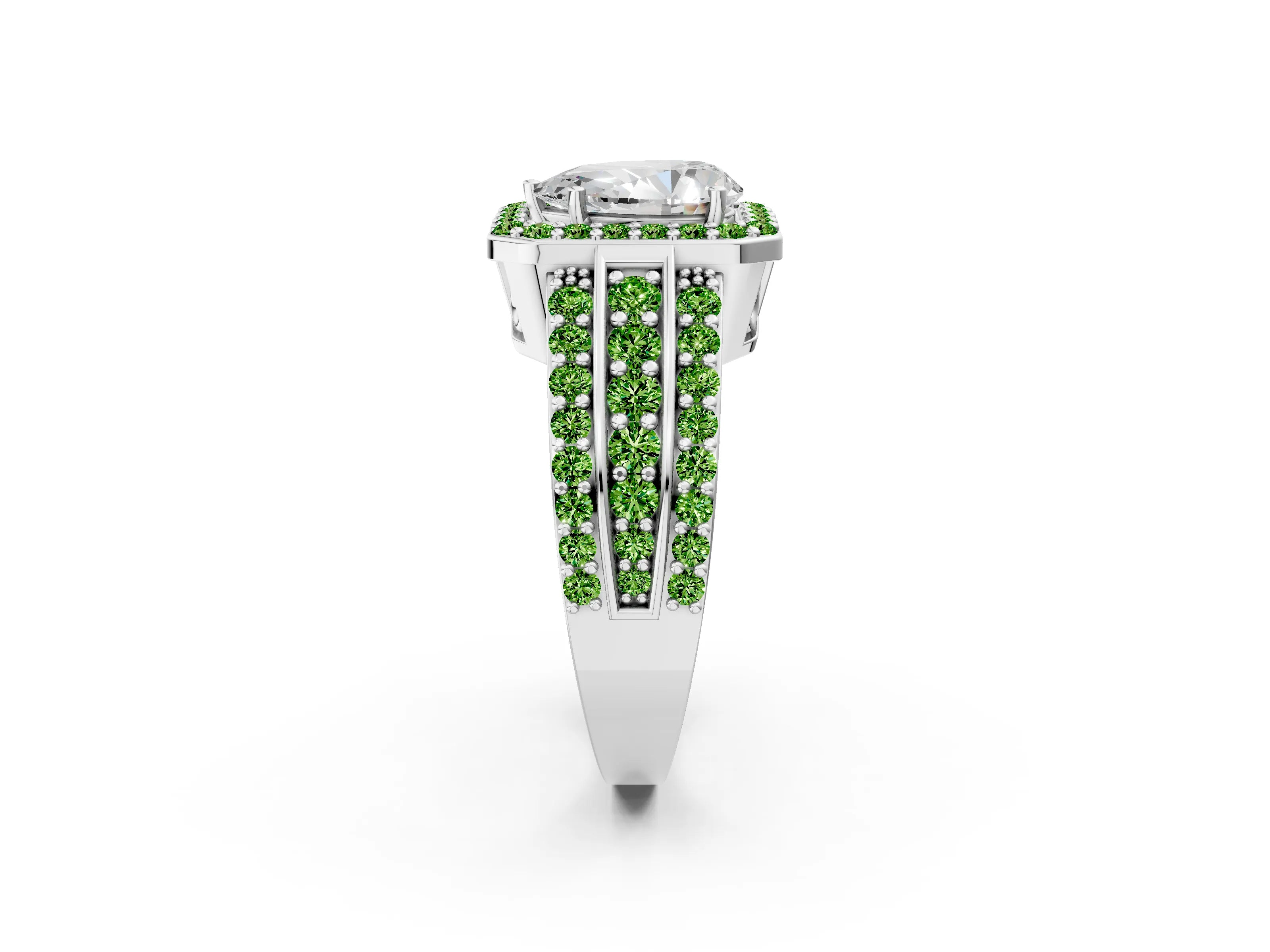 White gold Pear Cut Halo Diamond Ring with Round with Peridot side stone Split Shank and Prong Setting_8