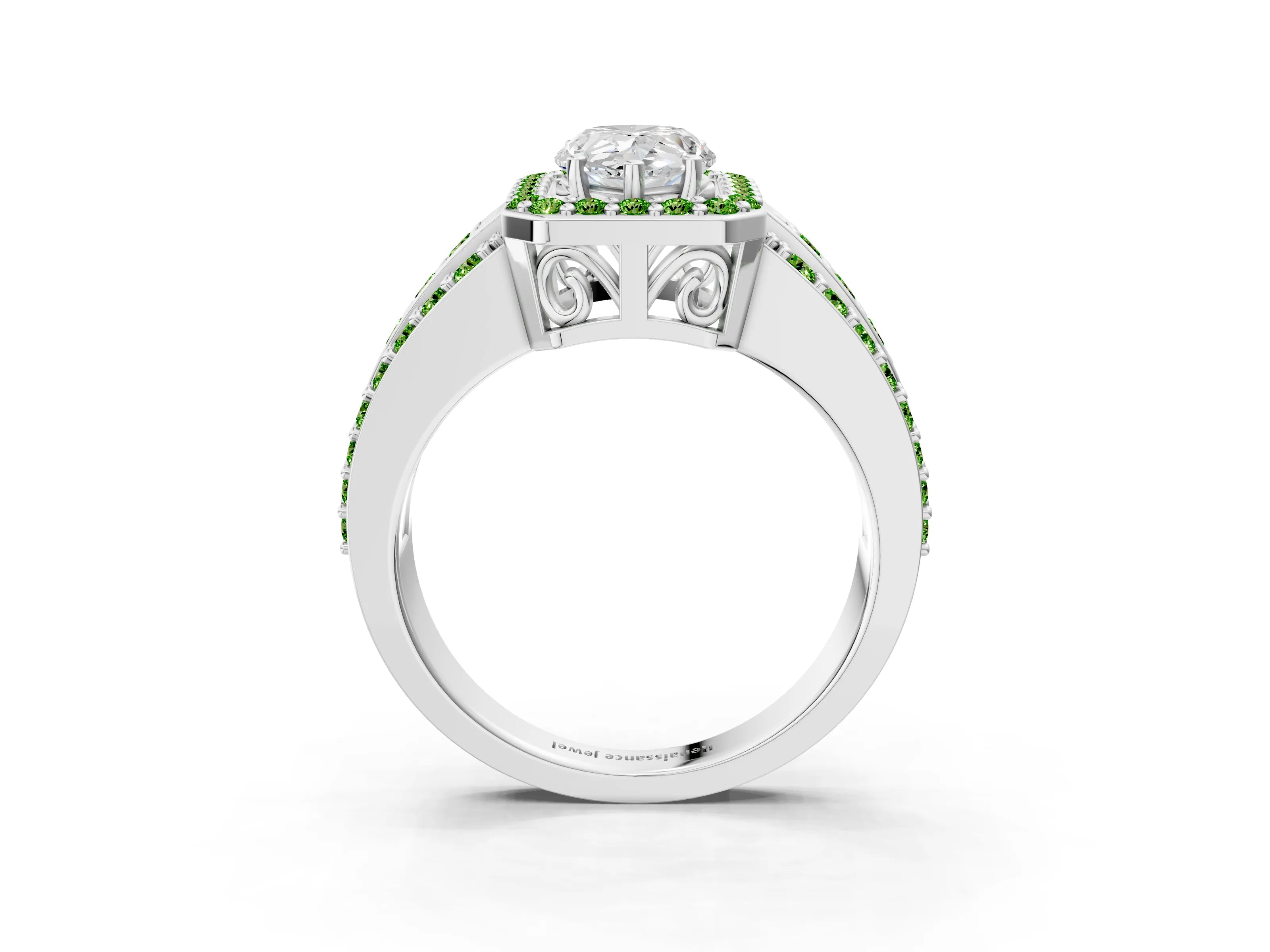 White gold Pear Cut Halo Diamond Ring with Round with Peridot side stone Split Shank and Prong Setting_9