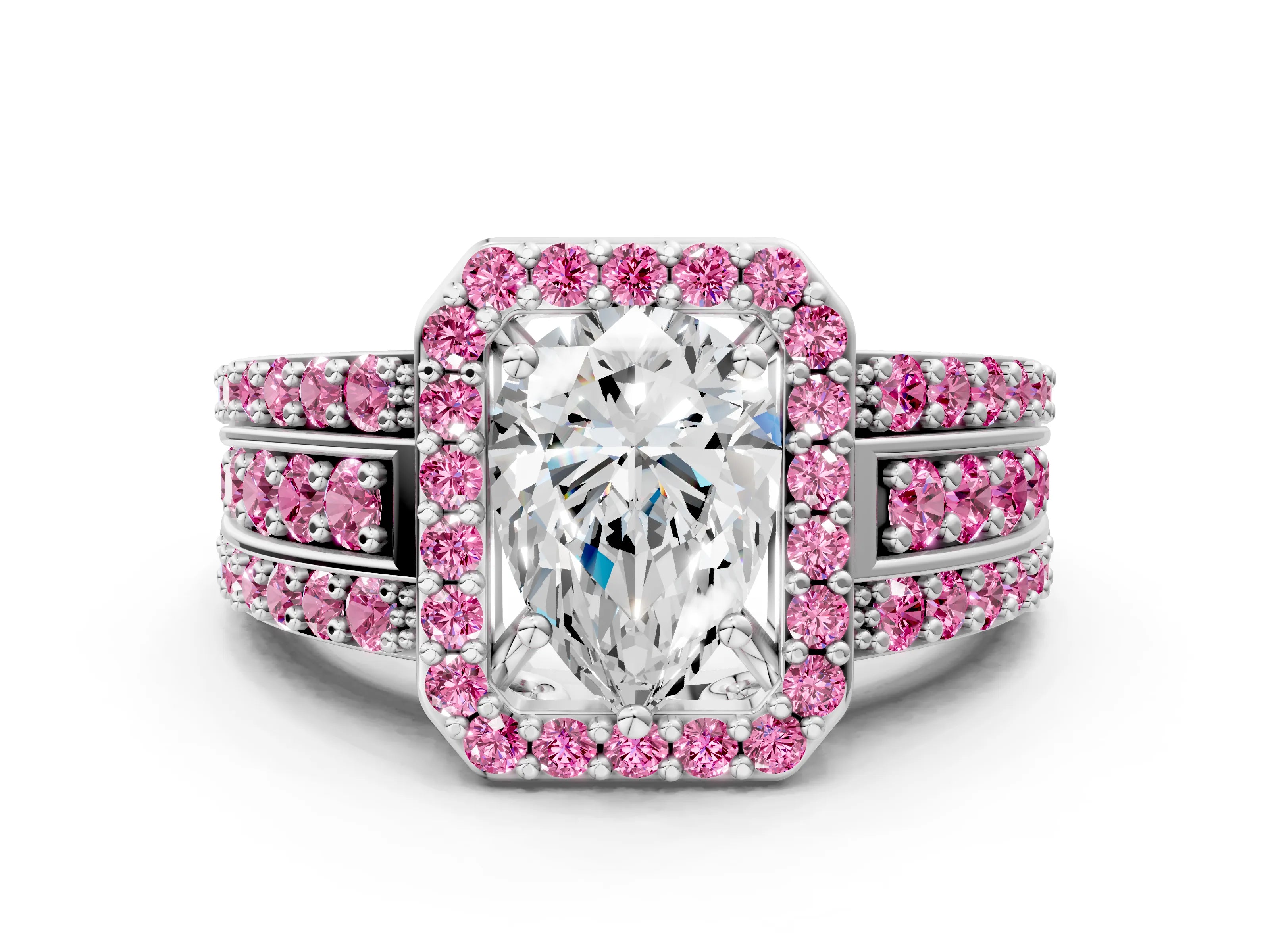 White gold Pear Cut Halo Diamond Ring with Round with Pink Sapphire side stone Split Shank and Prong Setting_36