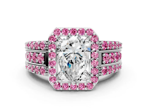 White gold Pear Cut Halo Diamond Ring with Round with Pink Sapphire side stone Split Shank and Prong Setting_36