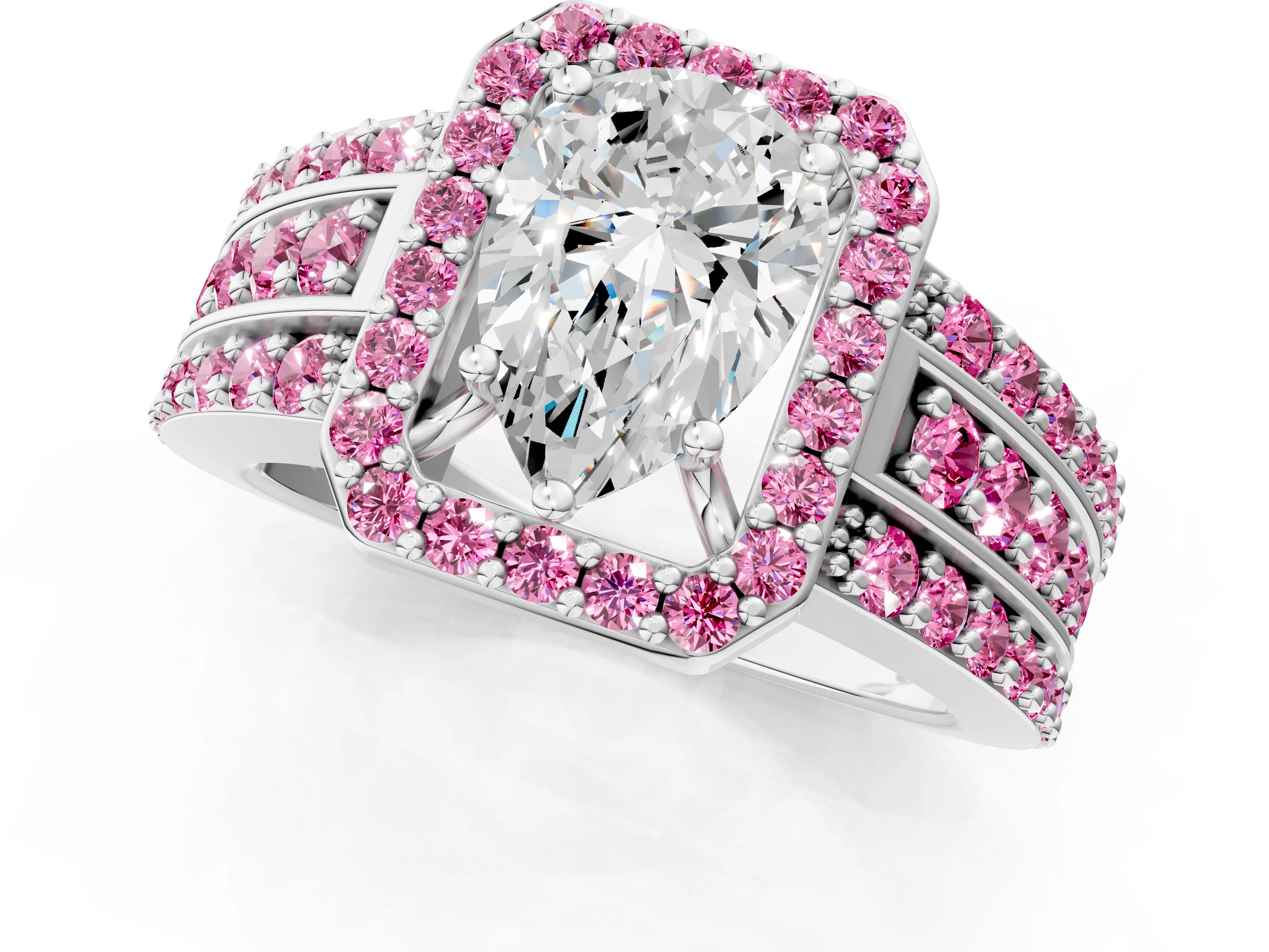 White gold Pear Cut Halo Diamond Ring with Round with Pink Sapphire side stone Split Shank and Prong Setting_37