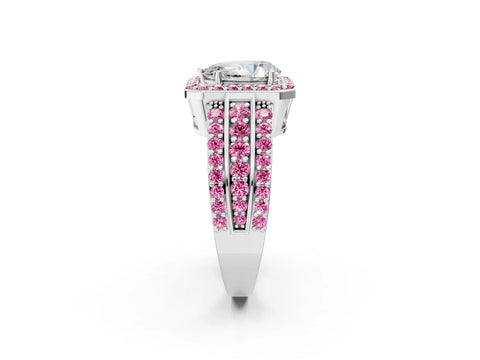 White gold Pear Cut Halo Diamond Ring with Round with Pink Sapphire side stone Split Shank and Prong Setting_38