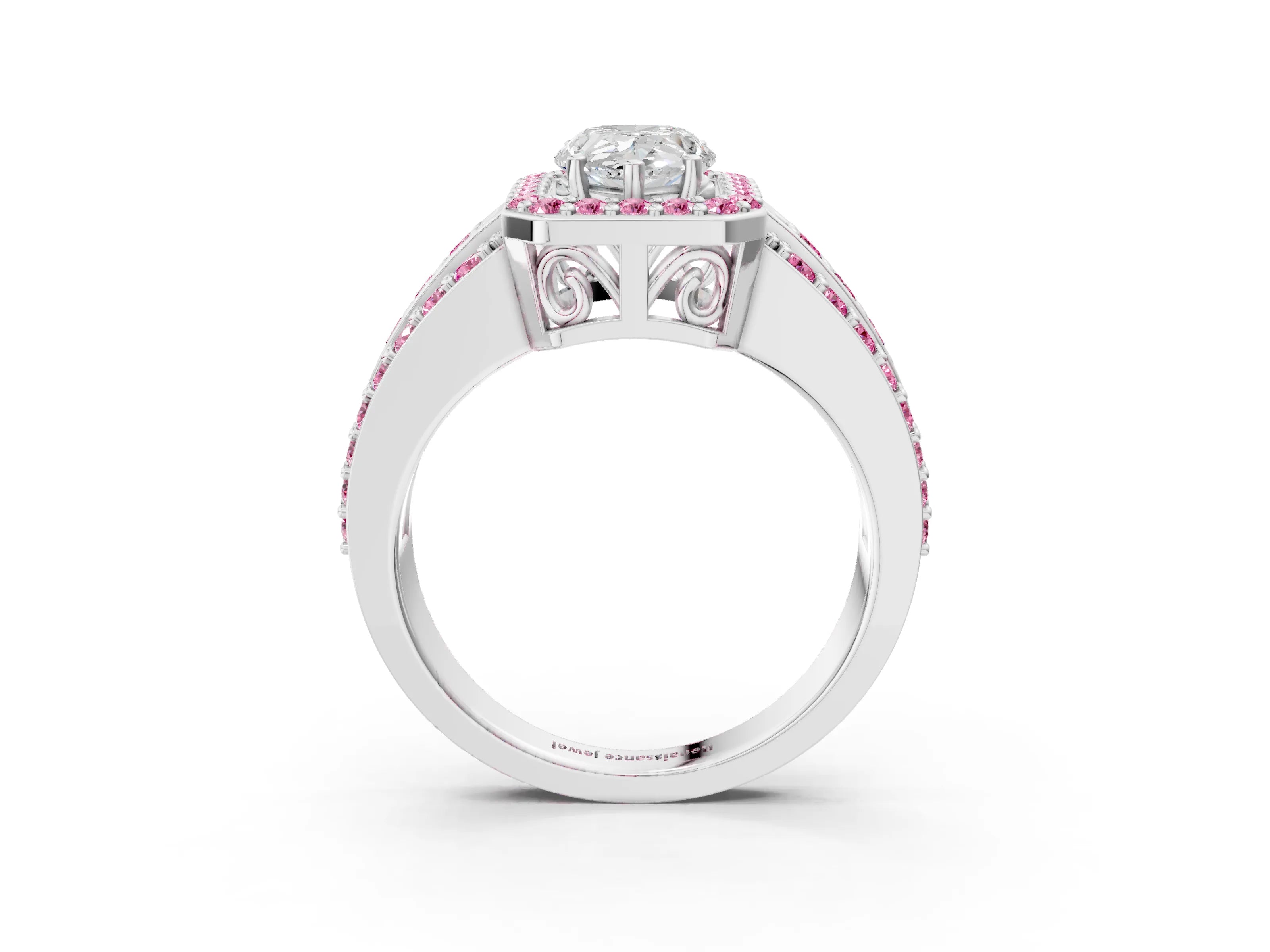 White gold Pear Cut Halo Diamond Ring with Round with Pink Sapphire side stone Split Shank and Prong Setting_39