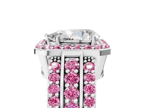 White gold Pear Cut Halo Diamond Ring with Round with Pink Sapphire side stone Split Shank and Prong Setting_41