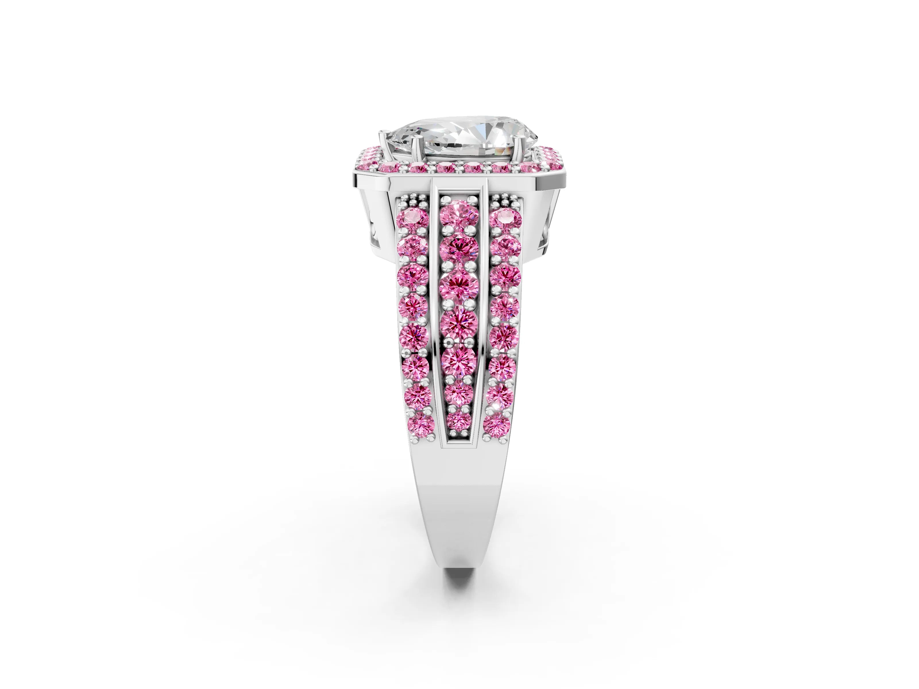White gold Pear Cut Halo Diamond Ring with Round with Pink Sapphire side stone Split Shank and Prong Setting_47