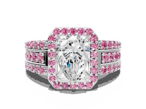 White gold Pear Cut Halo Diamond Ring with Round with Pink Sapphire side stone Split Shank and Prong Setting_48