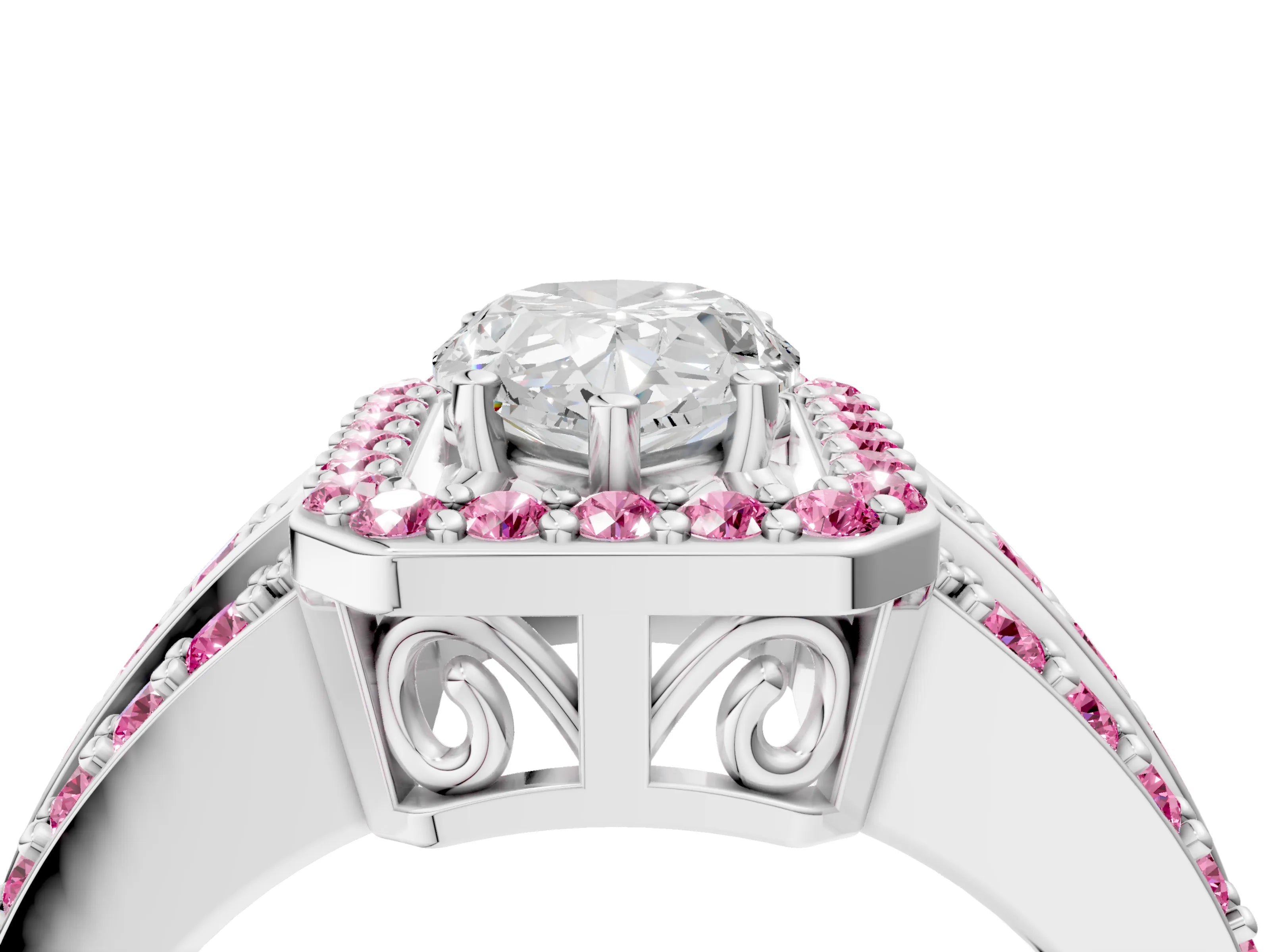 White gold Pear Cut Halo Diamond Ring with Round with Pink Sapphire side stone Split Shank and Prong Setting_49