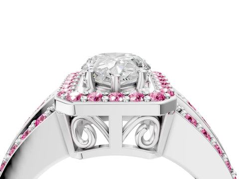 White gold Pear Cut Halo Diamond Ring with Round with Pink Sapphire side stone Split Shank and Prong Setting_49