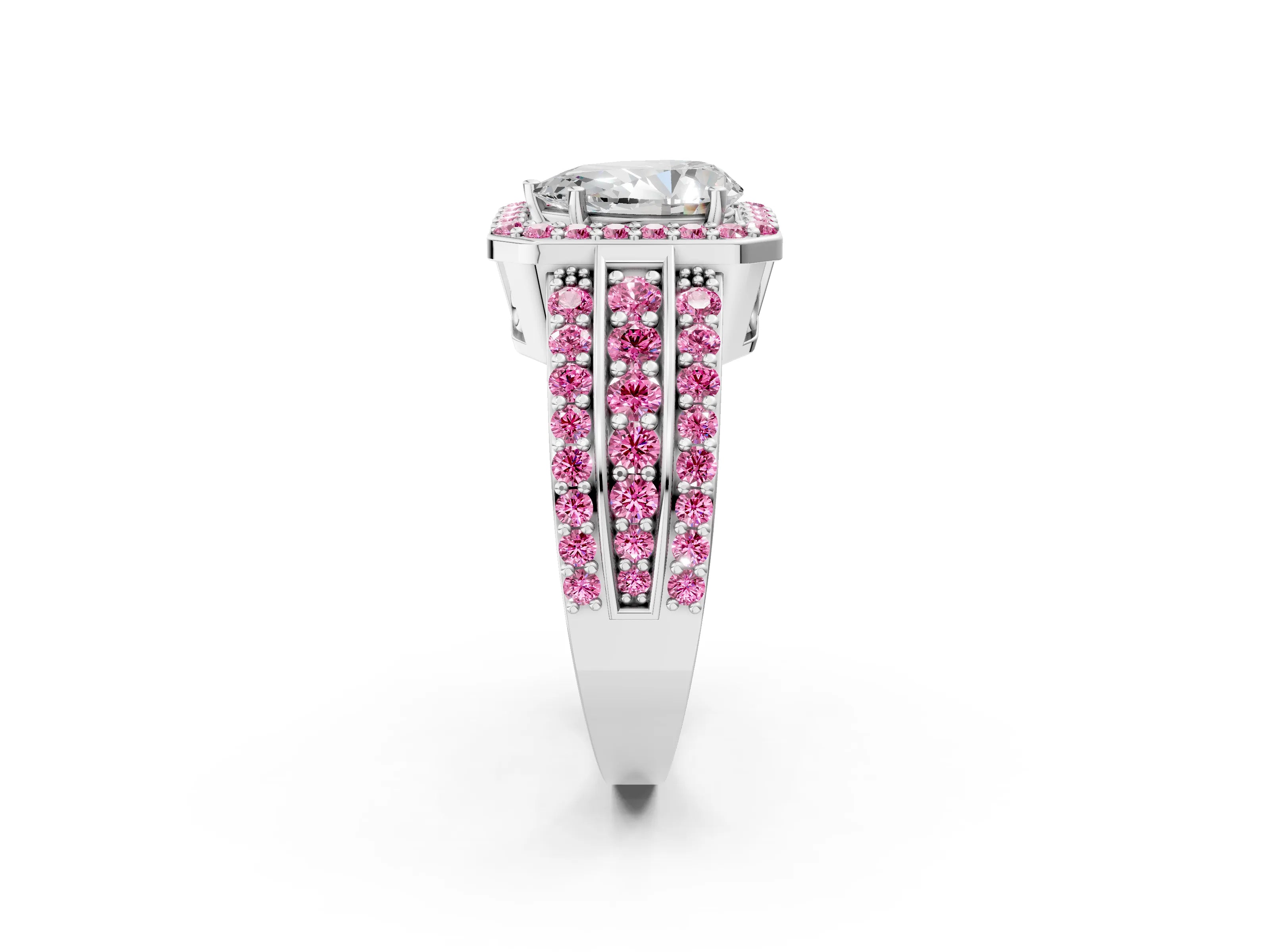 White gold Pear Cut Halo Diamond Ring with Round with Pink Sapphire side stone Split Shank and Prong Setting_50