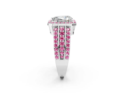 White gold Pear Cut Halo Diamond Ring with Round with Pink Sapphire side stone Split Shank and Prong Setting_50