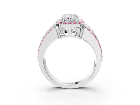 White gold Pear Cut Halo Diamond Ring with Round with Pink Sapphire side stone Split Shank and Prong Setting_51