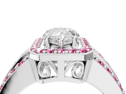 White gold Pear Cut Halo Diamond Ring with Round with Pink Sapphire side stone Split Shank and Prong Setting_52