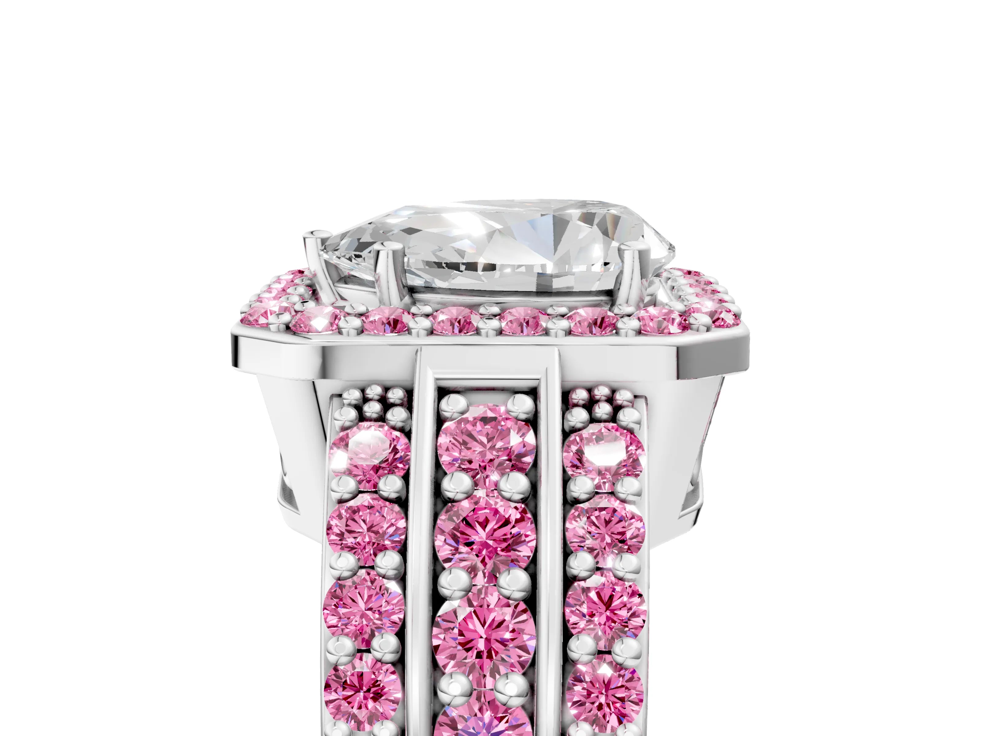 White gold Pear Cut Halo Diamond Ring with Round with Pink Sapphire side stone Split Shank and Prong Setting_53