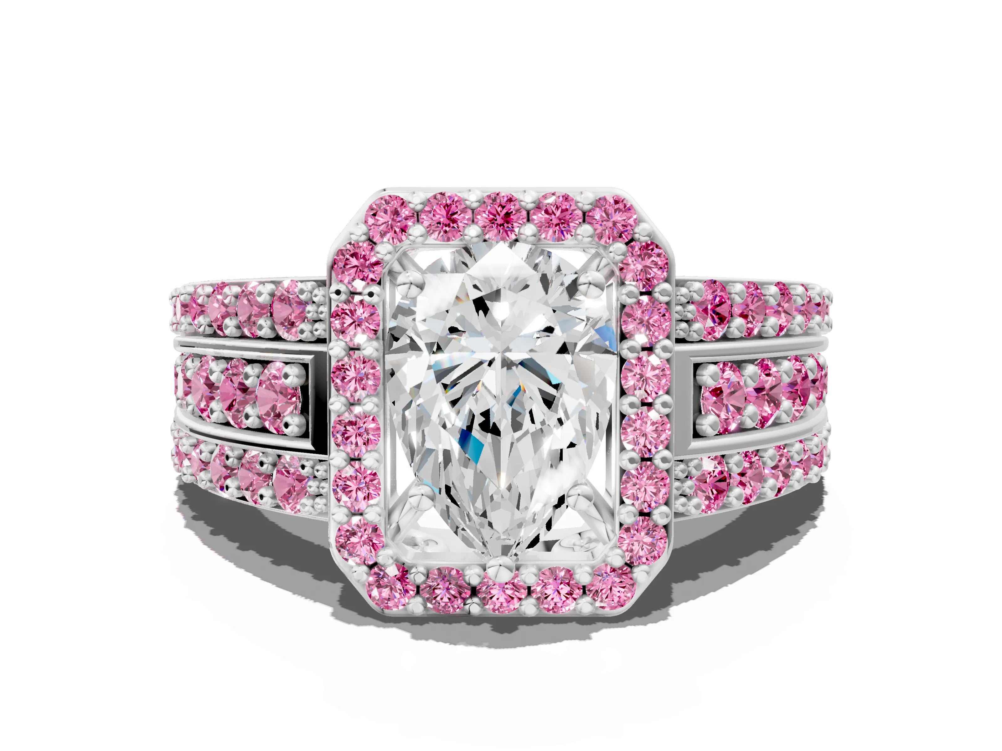 White gold Pear Cut Halo Diamond Ring with Round with Pink Sapphire side stone Split Shank and Prong Setting_57