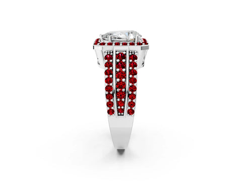 White gold Pear Cut Halo Diamond Ring with Round with Ruby side stone Split Shank and Prong Setting_26