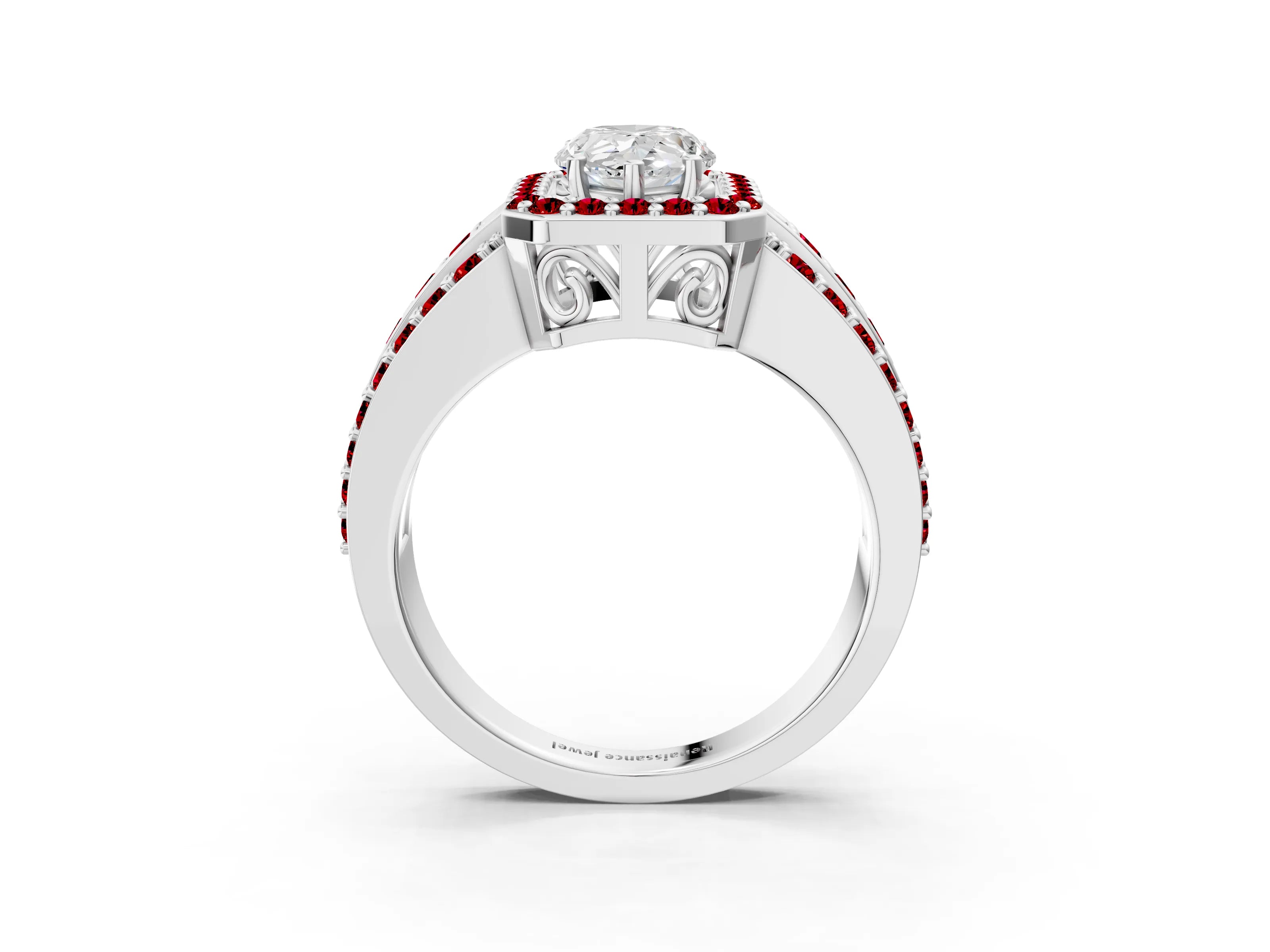 White gold Pear Cut Halo Diamond Ring with Round with Ruby side stone Split Shank and Prong Setting_27