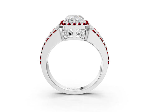 White gold Pear Cut Halo Diamond Ring with Round with Ruby side stone Split Shank and Prong Setting_27