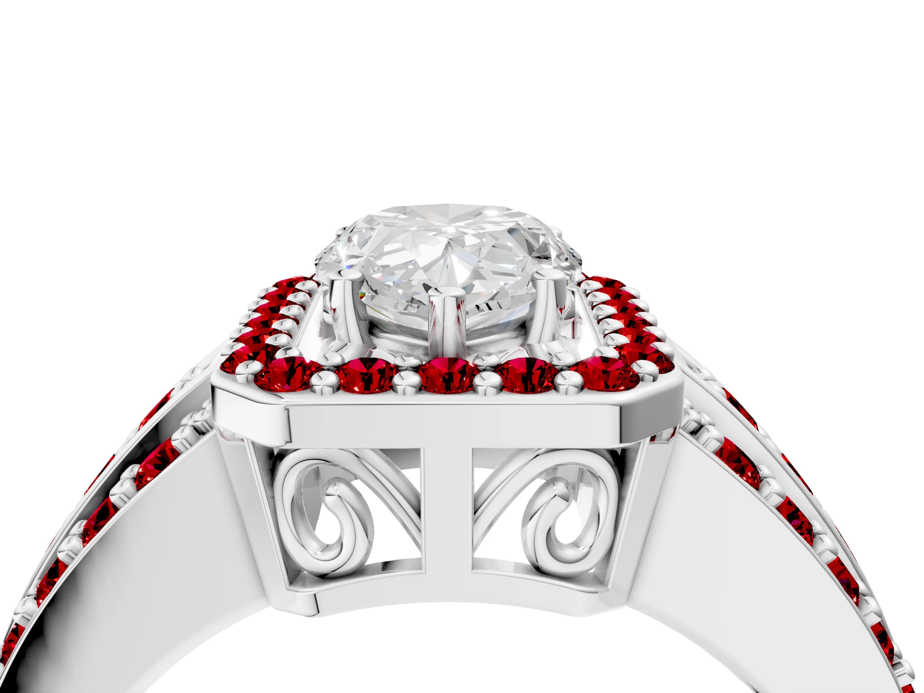 White gold Pear Cut Halo Diamond Ring with Round with Ruby side stone Split Shank and Prong Setting_28