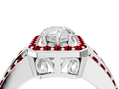 White gold Pear Cut Halo Diamond Ring with Round with Ruby side stone Split Shank and Prong Setting_28