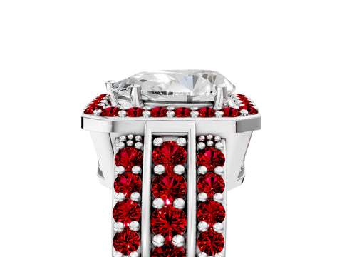 White gold Pear Cut Halo Diamond Ring with Round with Ruby side stone Split Shank and Prong Setting_29
