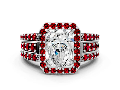 White gold Pear Cut Halo Diamond Ring with Round with Ruby side stone Split Shank and Prong Setting_48