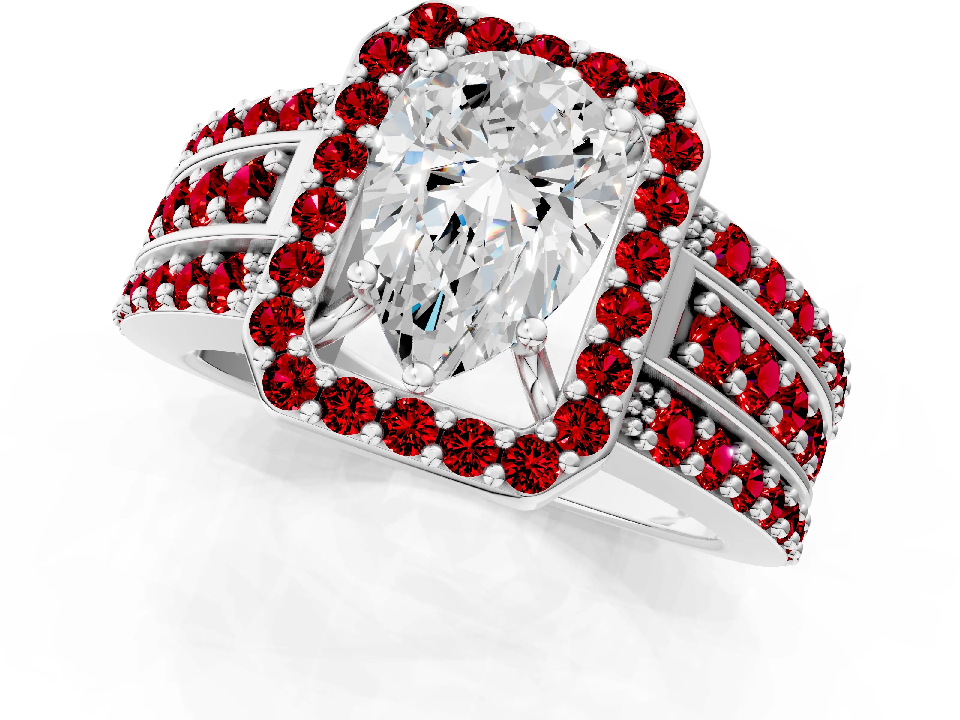 White gold Pear Cut Halo Diamond Ring with Round with Ruby side stone Split Shank and Prong Setting_49