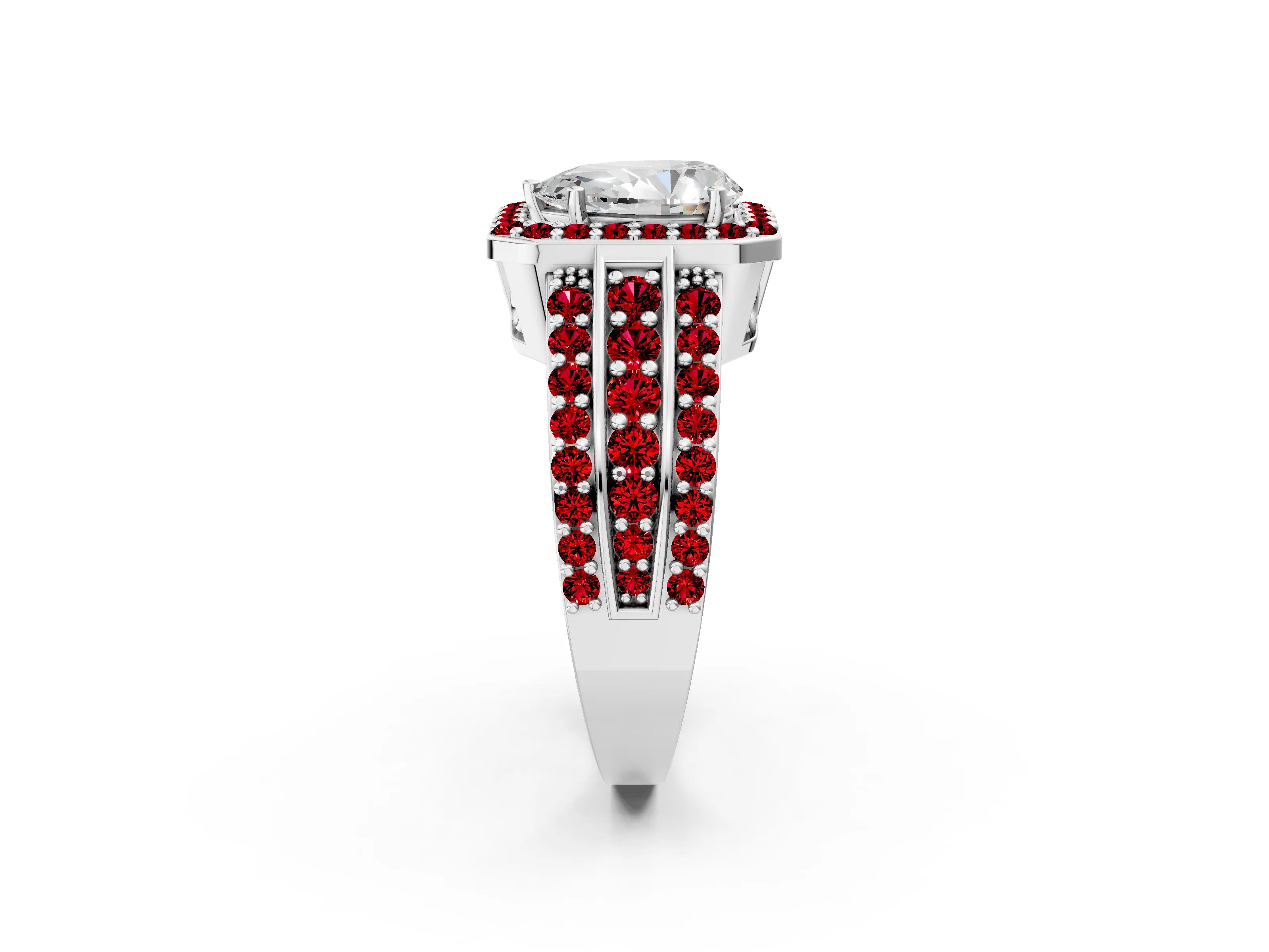 White gold Pear Cut Halo Diamond Ring with Round with Ruby side stone Split Shank and Prong Setting_50