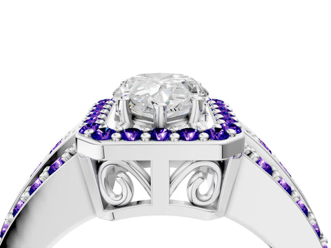 White gold Pear Cut Halo Diamond Ring with Round with Tanzanite side stone Split Shank and Prong Setting_10