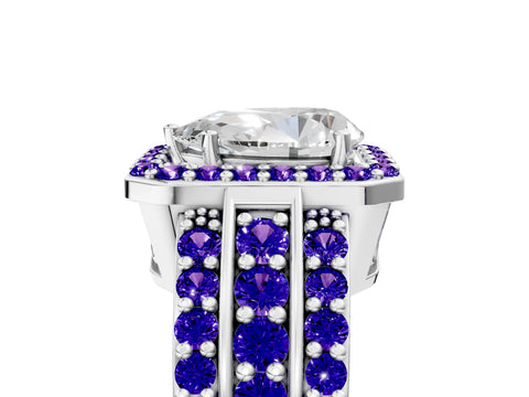 White gold Pear Cut Halo Diamond Ring with Round with Tanzanite side stone Split Shank and Prong Setting_11